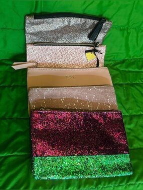 #1390 Ipsy Cosmetic Pouch Set of 5 in Pink, Gold, Silver, Green